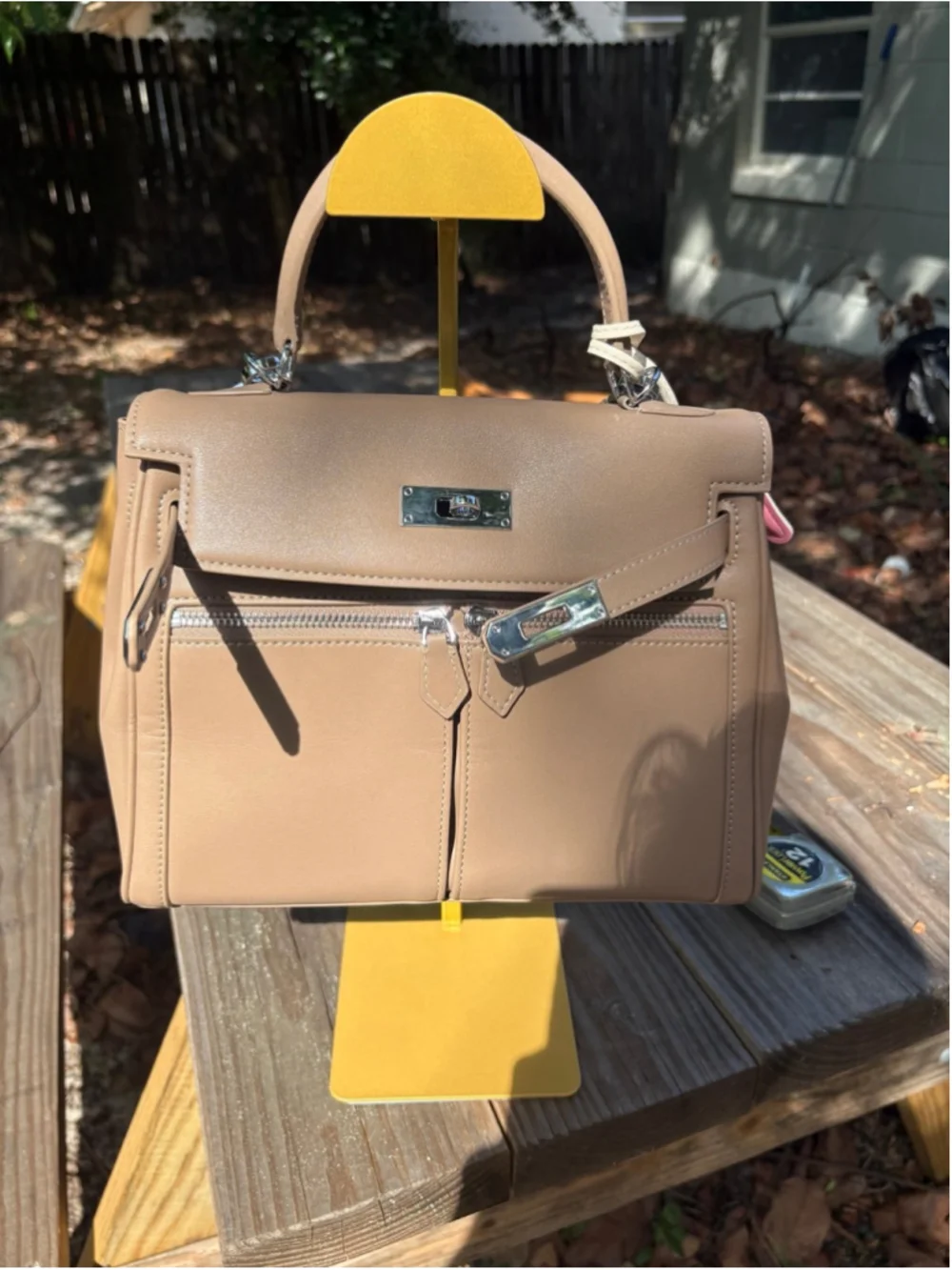 28cm Etoupe Top Handle Double Front Pocket Leather Satchel
